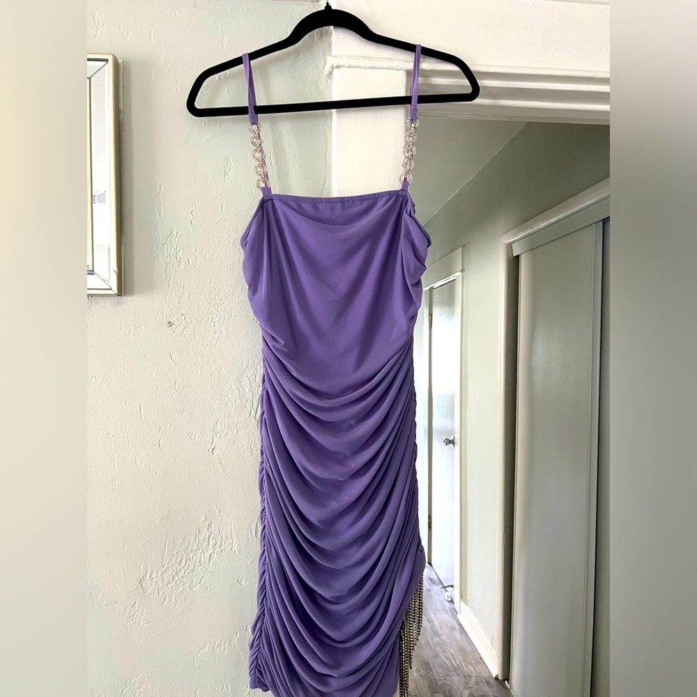 Ruched with rhinestones fringed dress